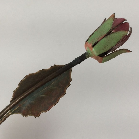 Enameled Copper Metal Rose Flower Sculpture Figurine on Quartz Rock Crystal Base - Picture 9 of 12
